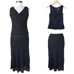 Cristall Collection Black Beaded 2-Piece Midi Dress Cocktail